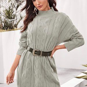 Grey Over-sized Belted Cable Knit Sweater Dress